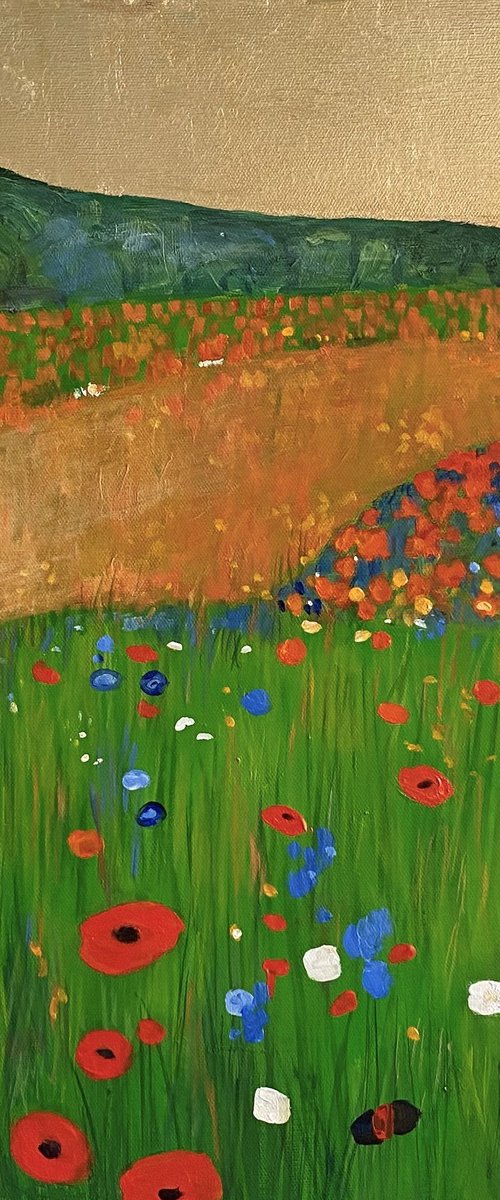 Contemporary Abstract Poppy Field & Gold Leaf Landscape. by Jackie Smith