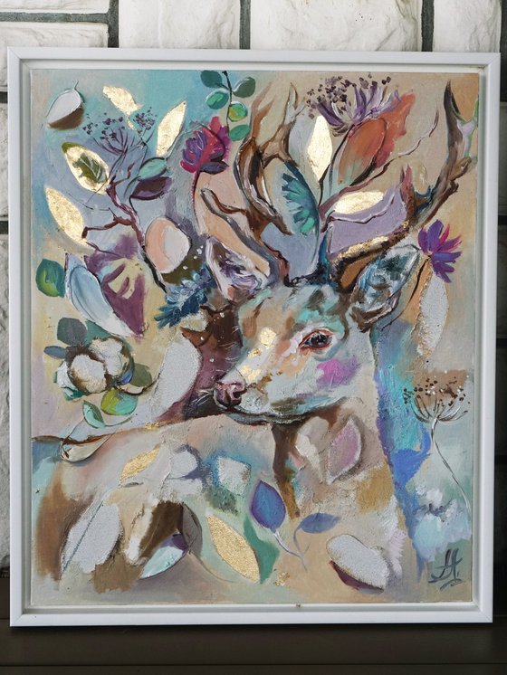 Deer wall set, Original winter painting, Wall decor set of 2 art