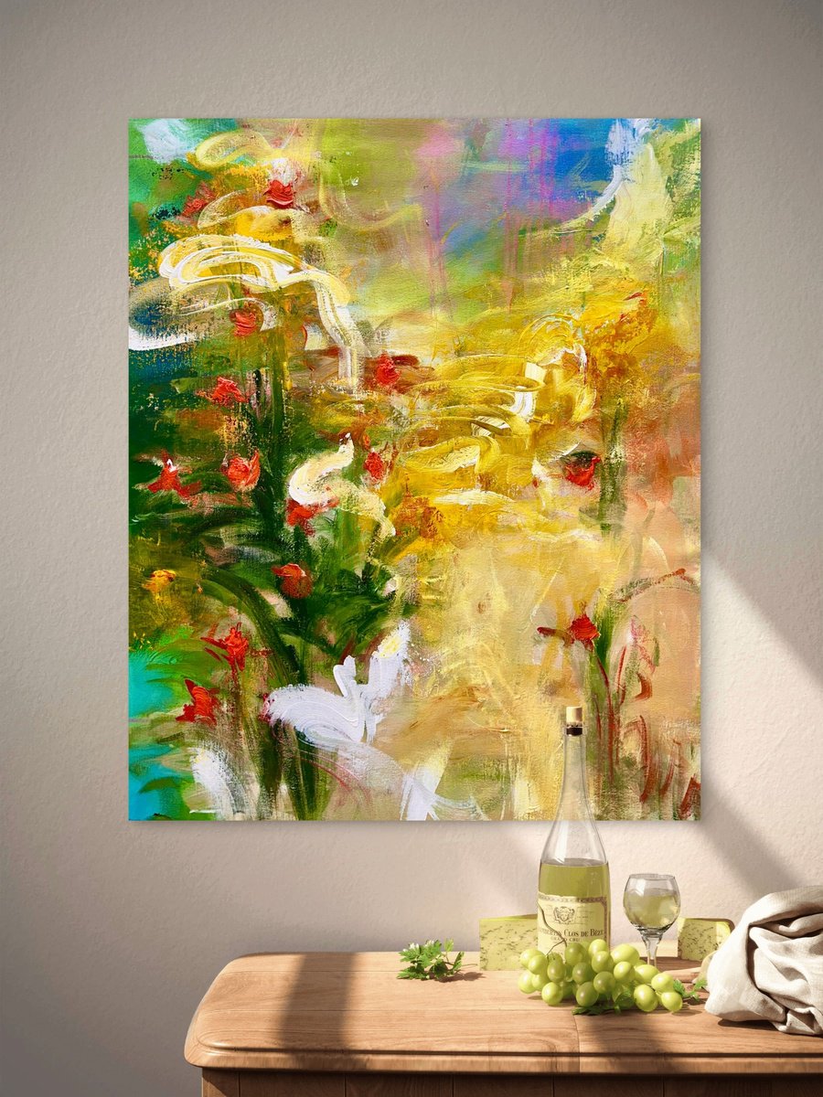 Abstract Acrylic Painting By Andrada Anghel, 24 X 30, Golden Ripples And Roses, Original Artwork