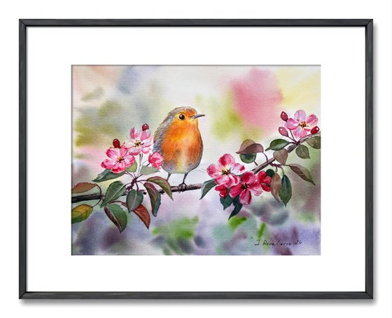 Orange Bird on Blossoming Branch original watercolor painting, spring art gift for her