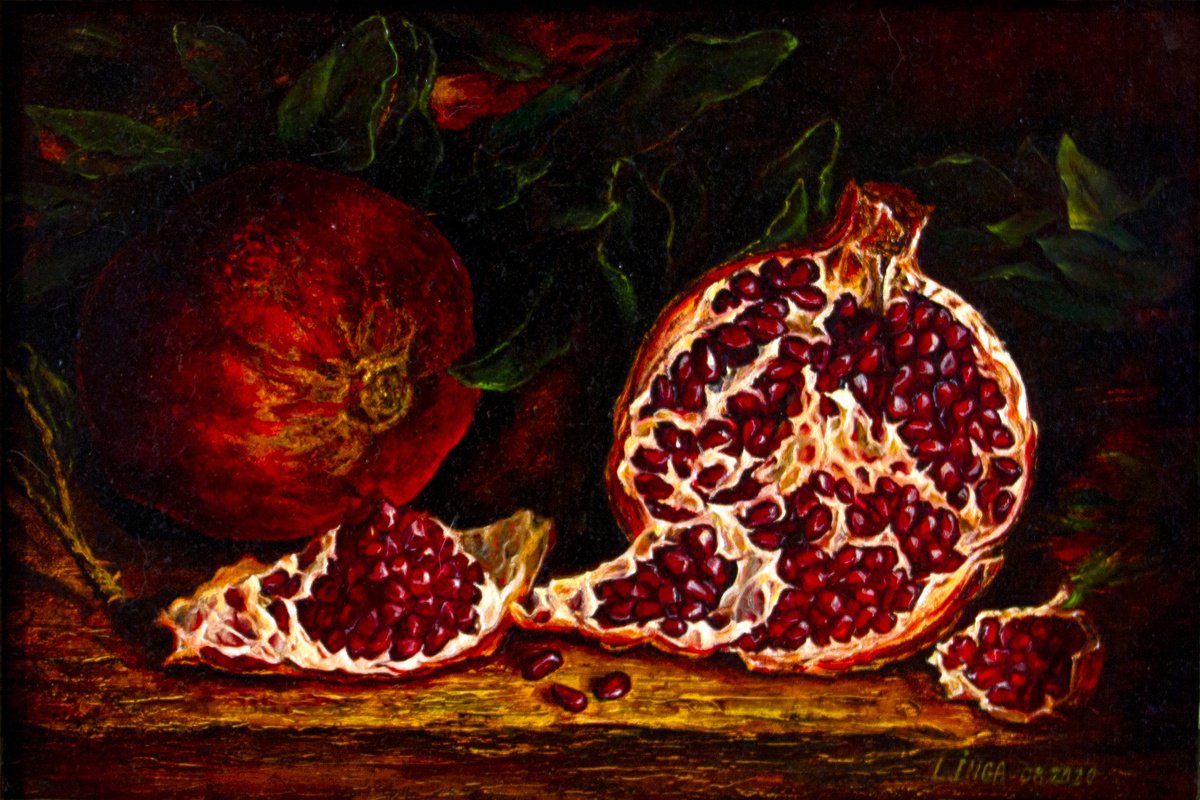 Photorealistic Still Life Oil Painting By Inga Loginova, 17 X 13, Pomegranate, Original Artwork