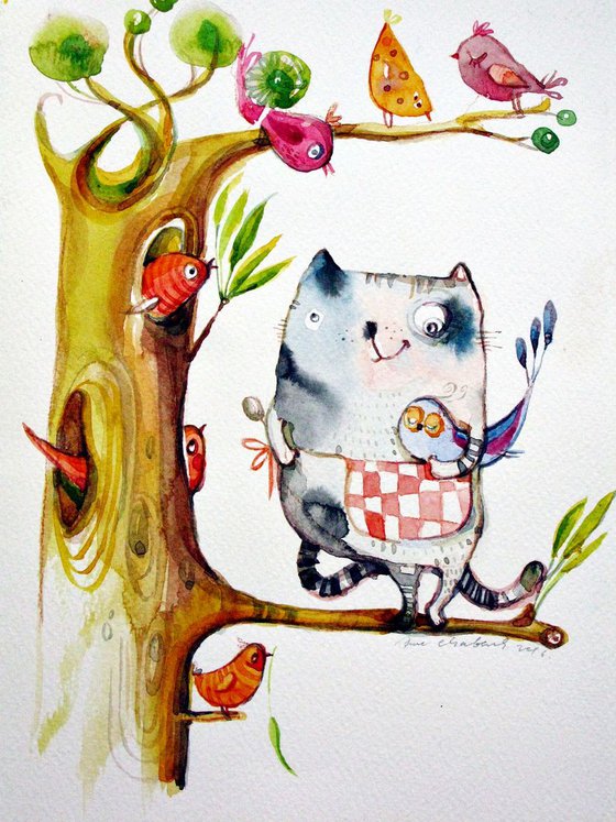 clever kitten and birds original illustration