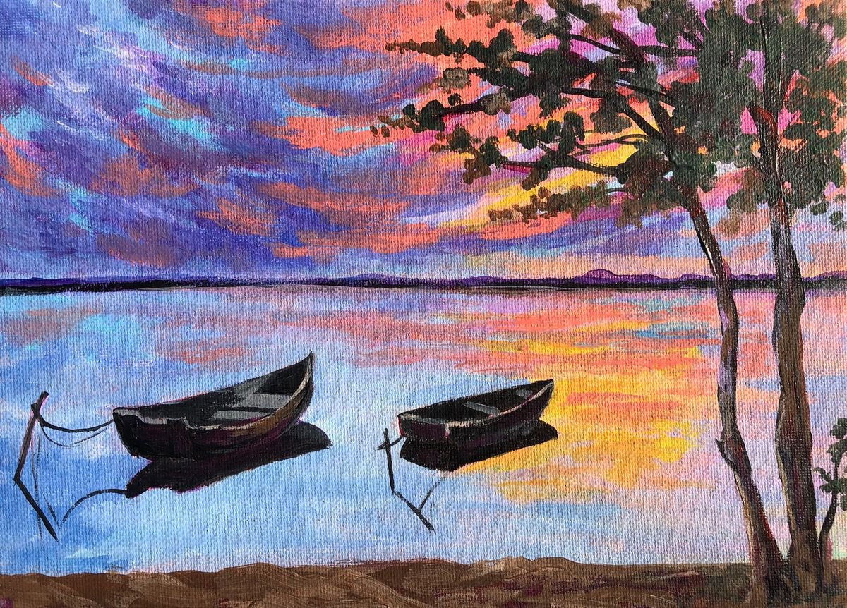 Impressionistic Landscape Acrylic Painting By Inna Montano, 10 X 8, Fishing Boats, Original Artwork