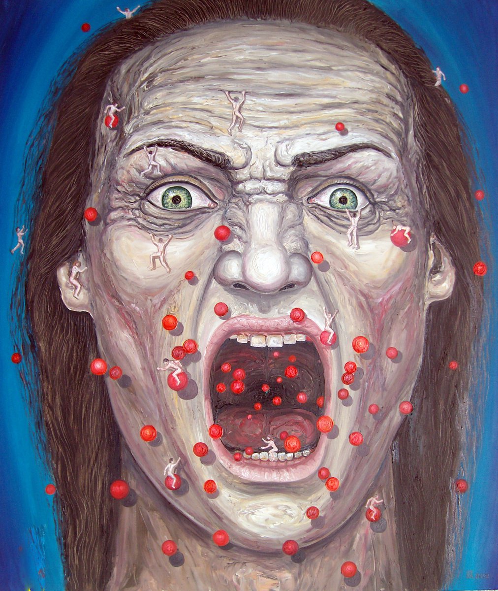 Surrealistic Portrait Oil Painting By Grigor Velev, 24 X 28, Red Bubbles, Original Artwork