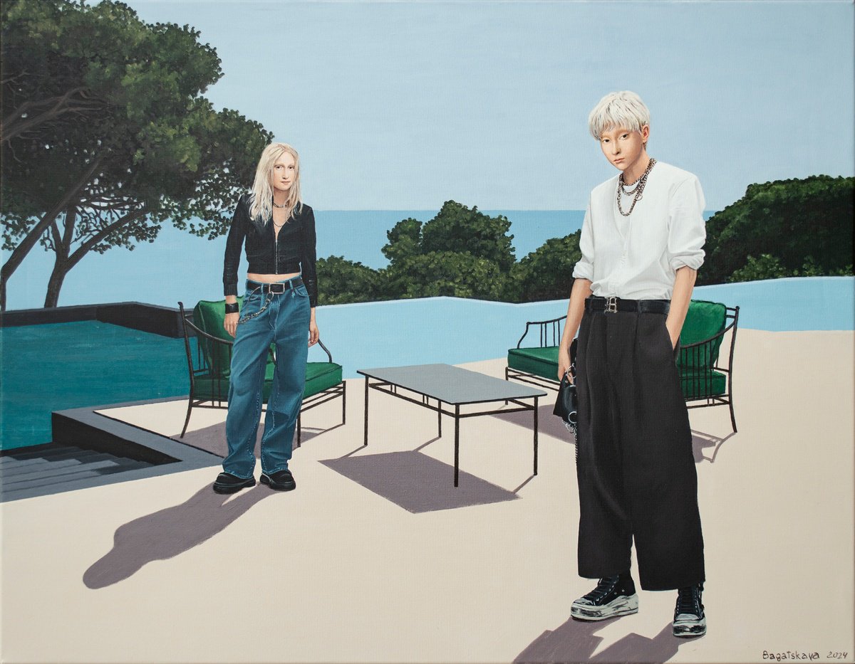 Photorealistic Portrait Acrylic Painting By Nataliya Bagatskaya, 35 X 28", Terrace With A View Of The Sea, Original Artwork