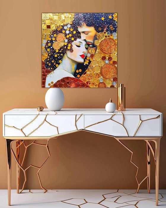 Love original painting. Golden decorative artwork with gold leaf. Gift for woman \ wife