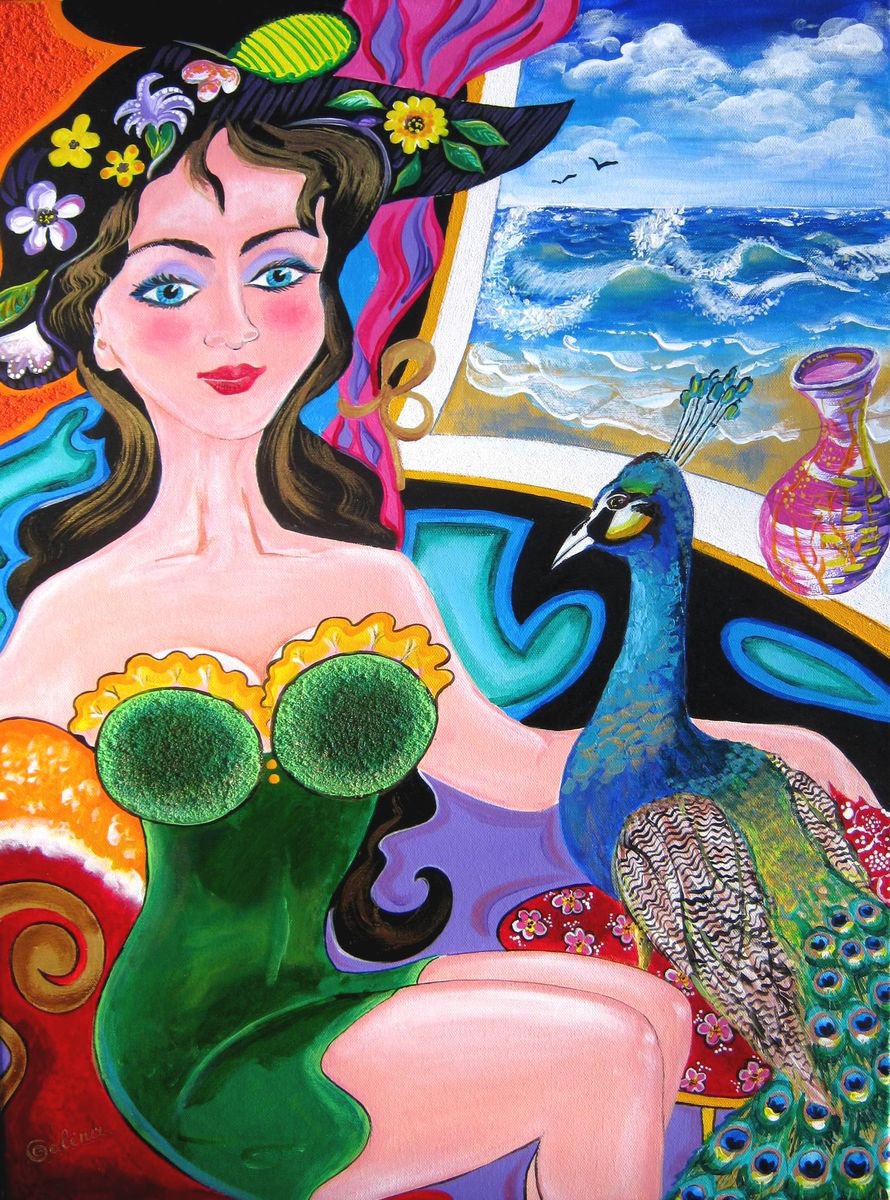 Portrait Acrylic Painting By Galina Victoria, 18 X 24, Lady And A Peacock, Original Artwork