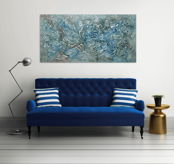 BEACH TREASURES II. Abstract Textured 3D Art, Contemporary Blue Silver Painting with Dimensions