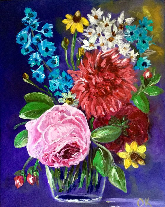 BOUQUET OF SUMMER FLOWERS    palette knife modern Still life Dutch style office home decor gift