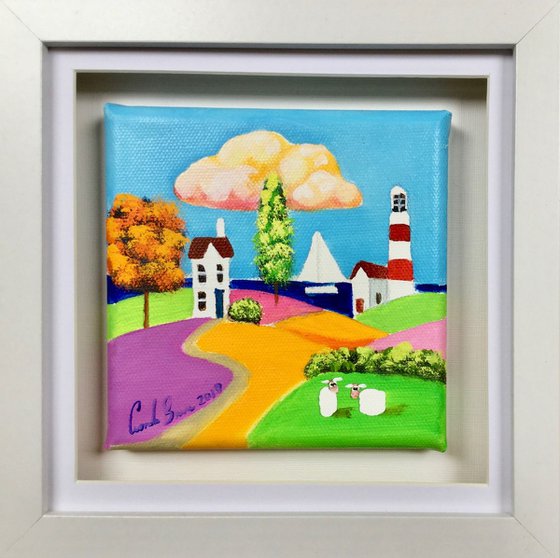 framed folk art sheep canvas painting