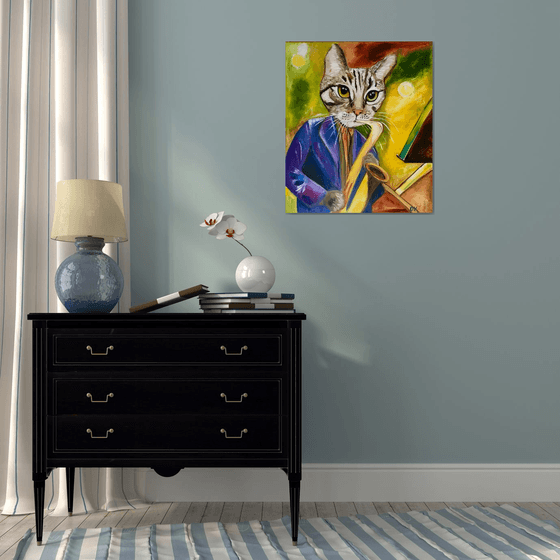 Cat  Saxophonist, musician, feline art for cat lovers.