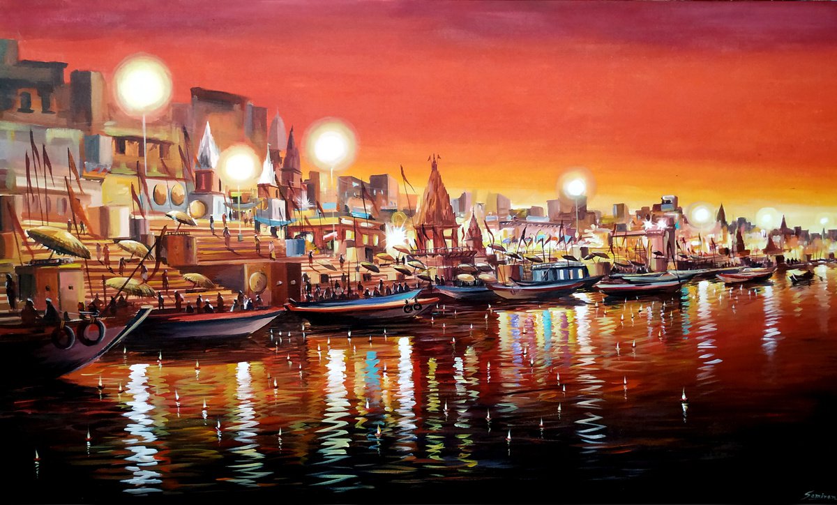 Impressionistic Cityscapes Acrylic Painting By Samiran Sarkar, 50 X 30", Night Reflections, Original Artwork