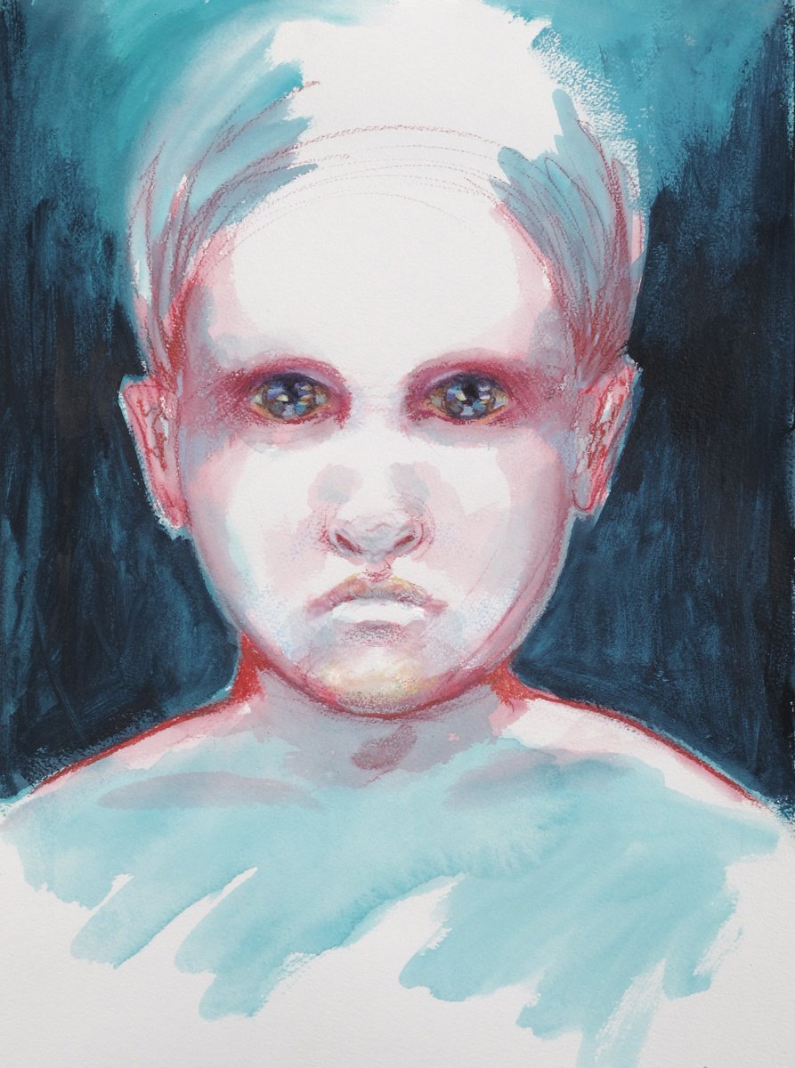 Expressive Portrait Drawing By Fabienne Monestier, 14 X 20, Little Thumb, Original Artwork