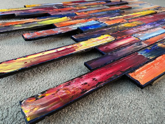 "Stacking Up" - Original PMS Assemblage Sculptural Painting On Wood and Wooden Pieces - 36 x 24 inches