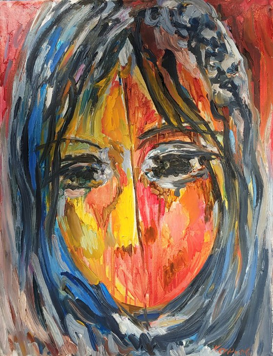 SILENCE - portrait, original painting, face, Paris 65x50