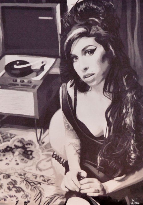 Amy Winehouse Original Framed Ink On Canvas Portrait by artbyhew