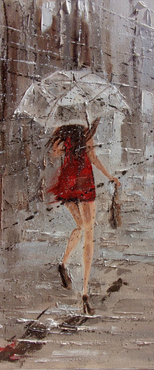" RAINY STREET ... "   street spring summer original painting CITY palette knife GIFT by Monika Luniak