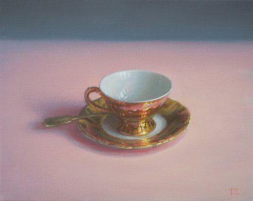 Coffee cup on pink tablecloth by Irina Trushkova