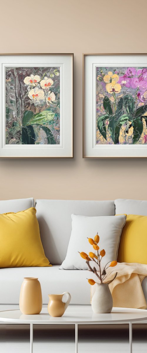 Wild orchids Set of 2 Oil Diptych by Yuliia Sharapova