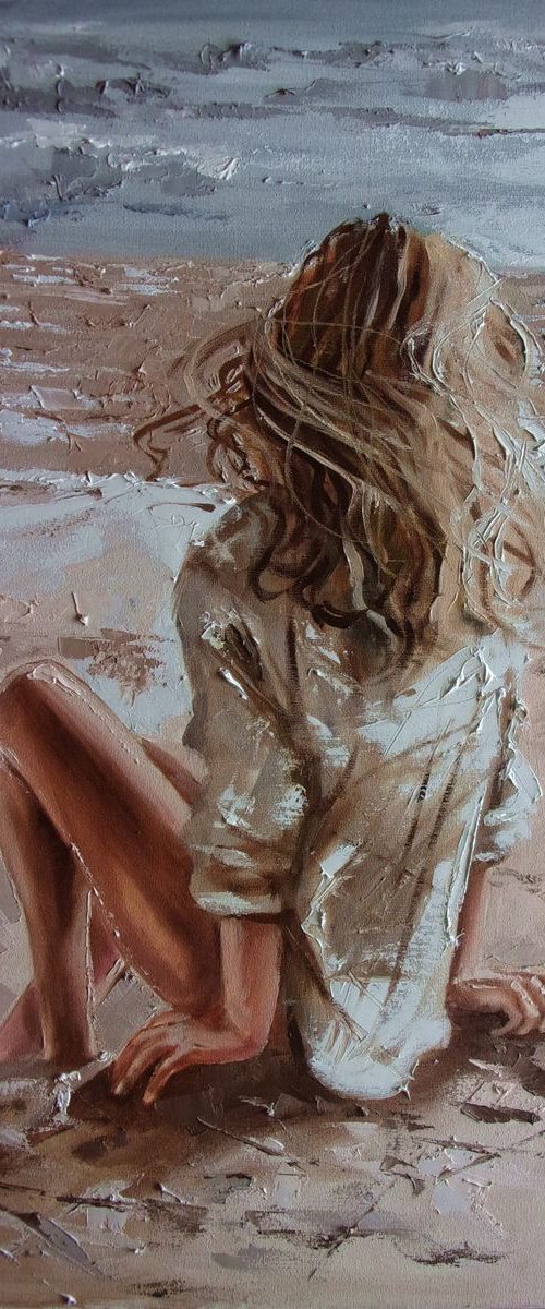 " MY PLACE ... "- 70x50 GIRL SEA liGHt  ORIGINAL OIL PAINTING, GIFT, PALETTE KNIFE by Monika Luniak