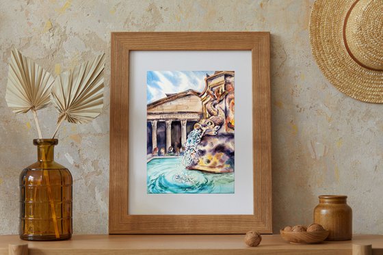 Fountain at the Pantheon - italian cityscape original watercolor