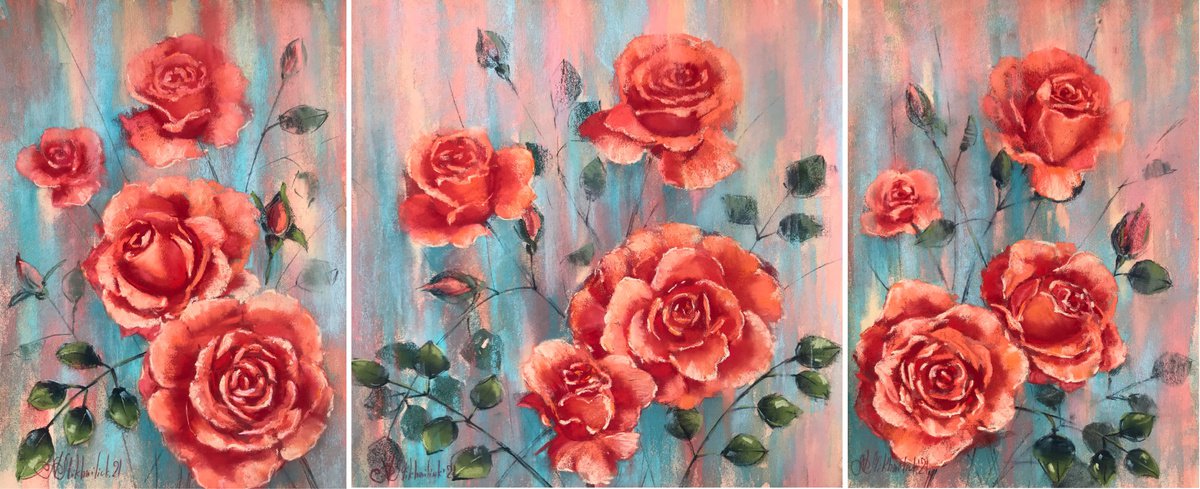 Shining Rosebush (Corals in Rose Garden), triptych by Nataly Mikhailiuk