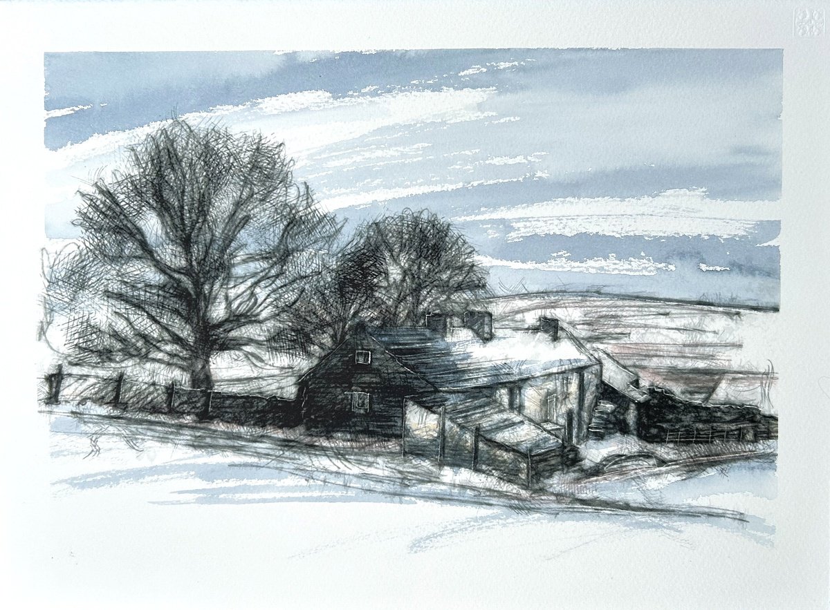 Impressionistic Landscape Watercolour By Sean Briggs, 15 X 11", Winter Farm, Original Artwork