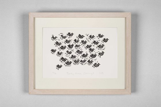 Thirty-three starlings - lino