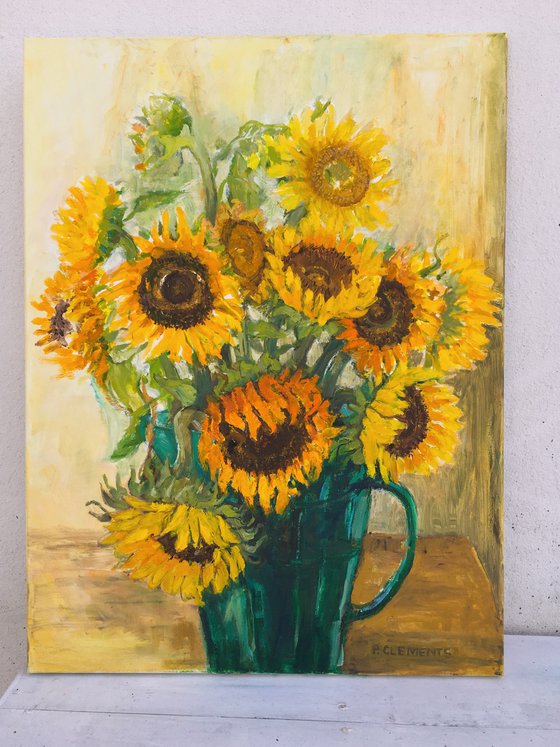 Sunflowers with green vase