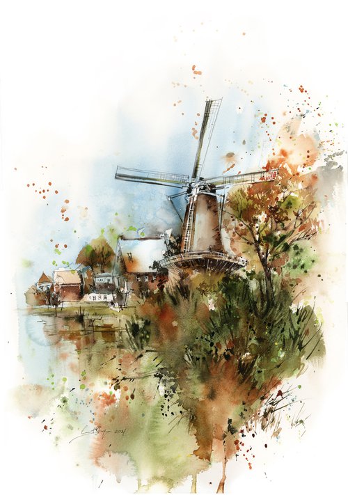 Windmill Autumnal Landscape by Sophie Rodionov