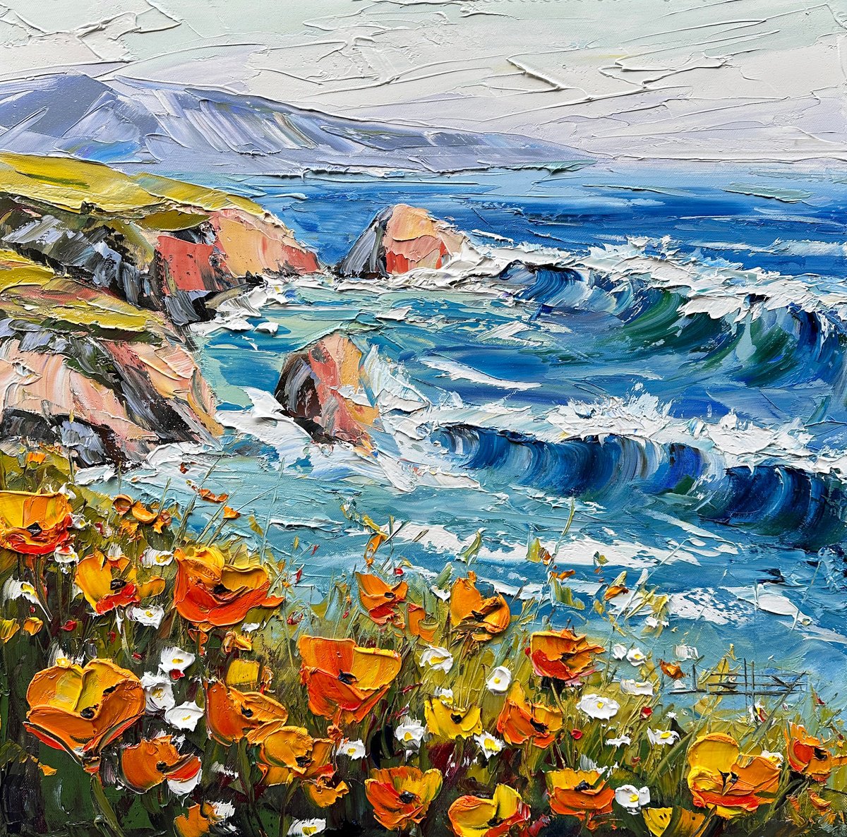 Impressionistic Landscape Oil Painting By Lisa Elley, 24 X 24", Poppy Tides, Original Artwork