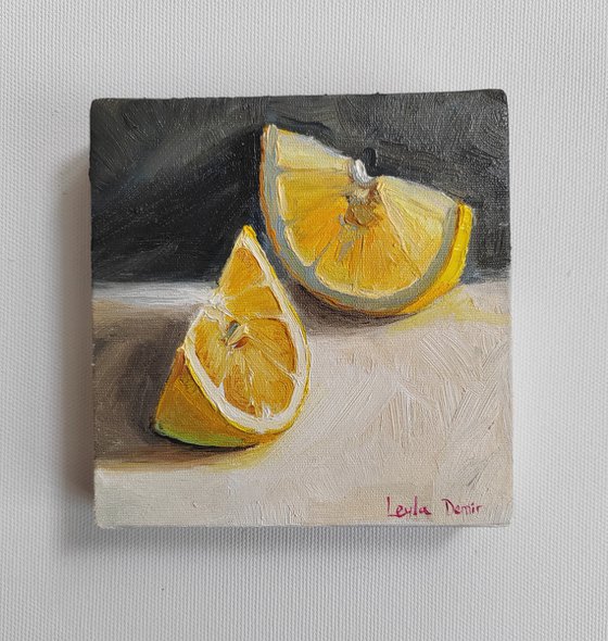 Lemon fruit still life oil painting realistic citrus wall decor 4x4"