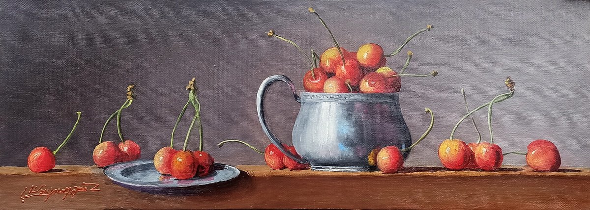 Photorealistic Still Life Oil Painting By Arayik Muradyan, 22 X 8, Cherries, Original Artwork