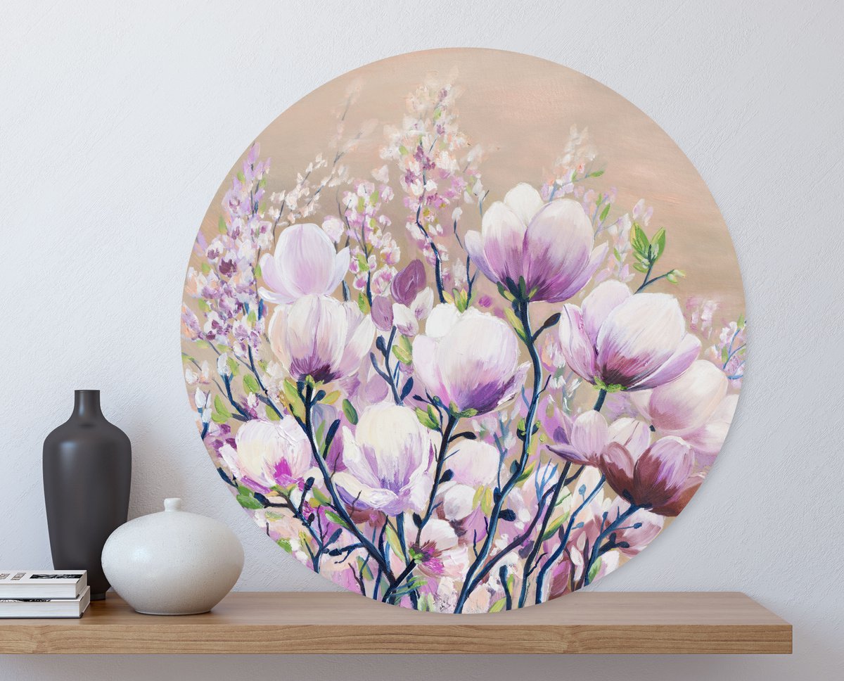 Magnolia - Round Canvas Painting 50 cm by Milena Gaytandzhieva