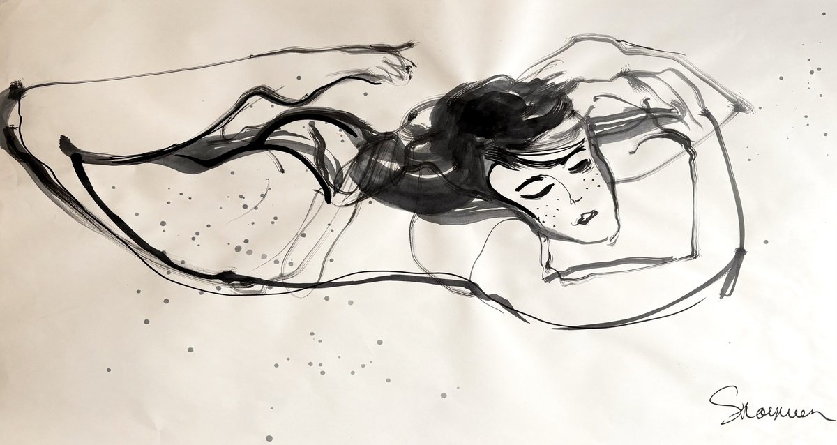 Expressive Portrait Ink Drawing By Mari Skakun, 33 X 18", Danae, Original Artwork