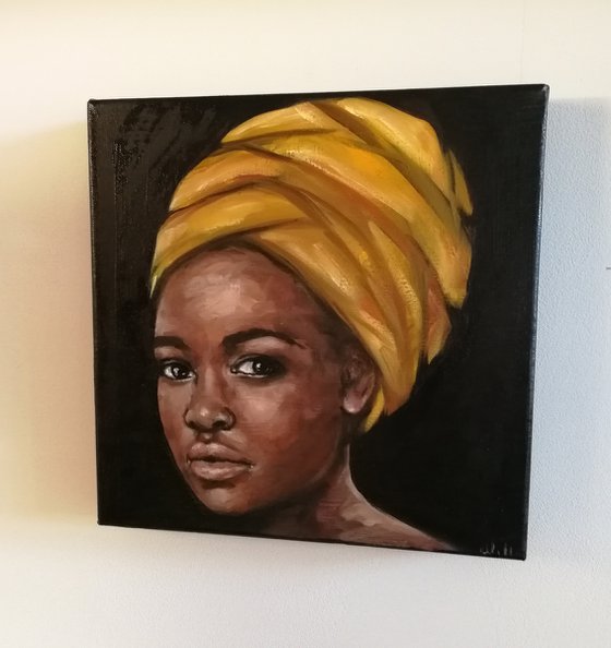 Woman with yellow scarf - original oil portrait painting