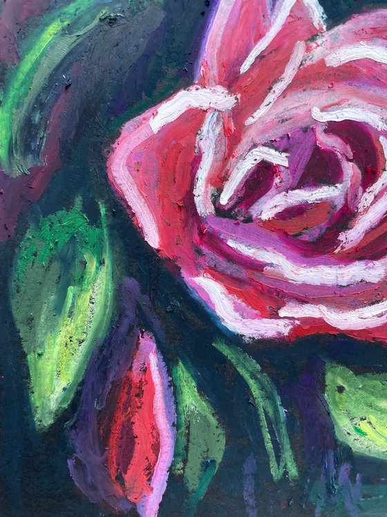 Rose Original Panting, Oil Pastel Painting, Hand Painted Card, Gifts for Her, Dark Floral Wall Art