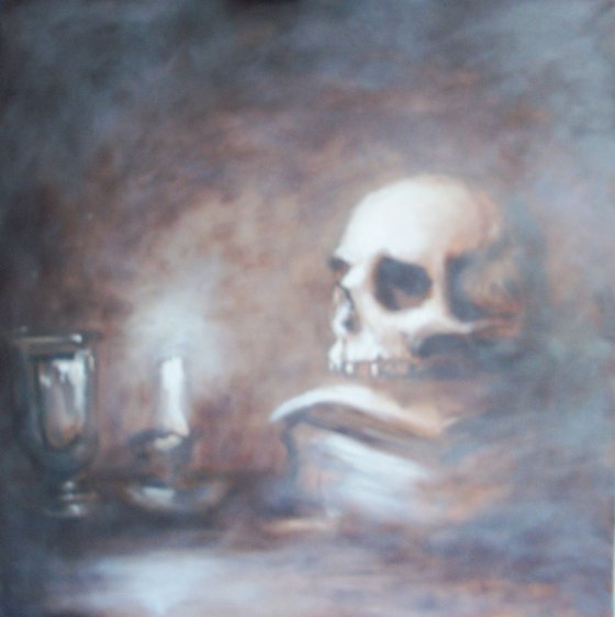 Still life with a Skull in White (Oil on Canvas 24x24 inch)