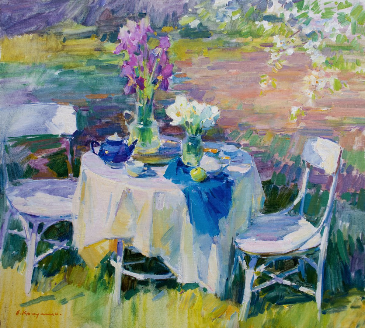Impressionistic Botanical Oil Painting By Aleksandr Kryushyn, 30 X 28, Tea In The Garden, Original Artwork