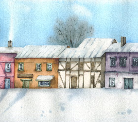 Medieval city. Winter cityscape. Original watercolor.