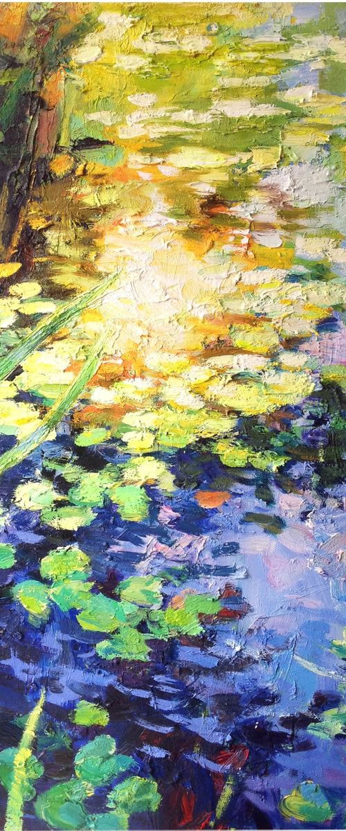 Sun light l Abstractwaterlily waterlilies pond oil painting landscape river sunlight waterlily by Nataliia Nosyk