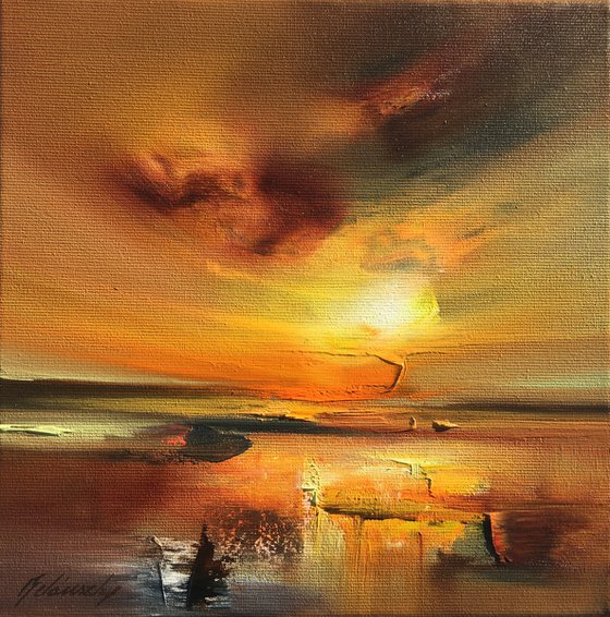 The warmth of the Sun - 25 x 25 cm, abstract landscape oil painting in red