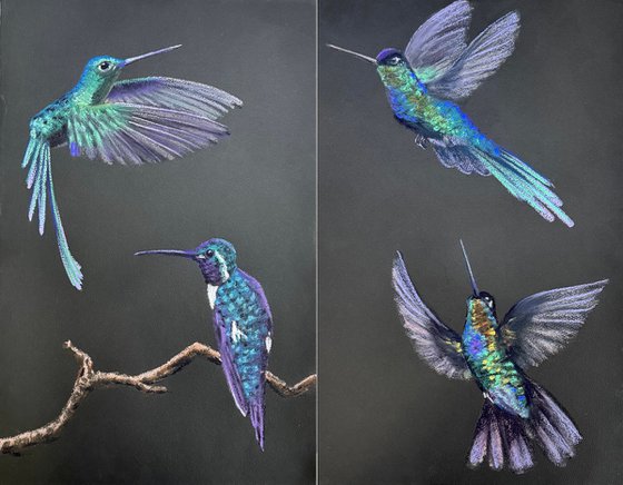 Colibri Flowers Diptych Pastel