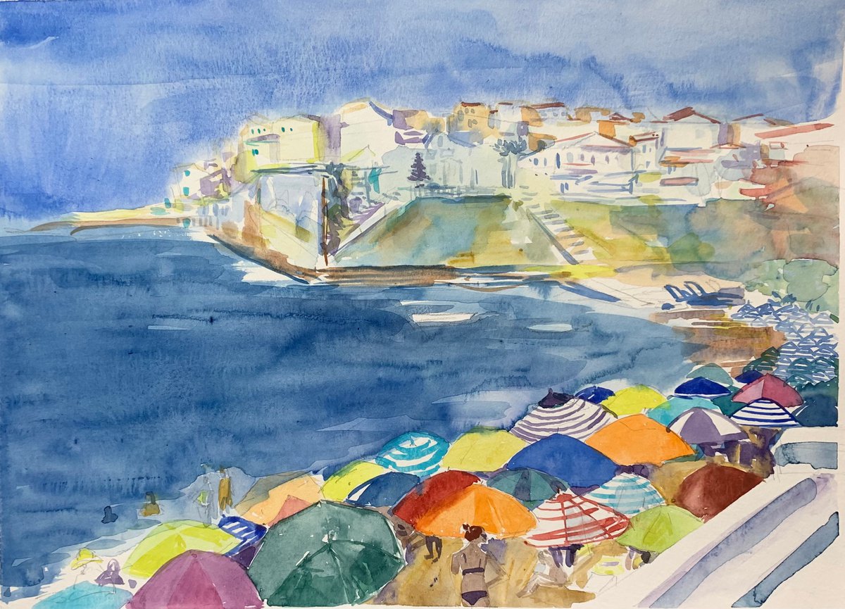 Expressive Landscape Watercolour By Olga Pascari, 16 X 12", In The Beach, Original Artwork