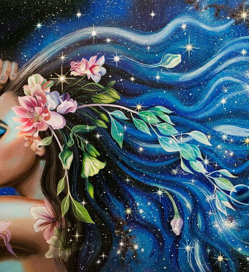 "The Universe inside us", woman flowers art, space painting by Anna Steshenko
