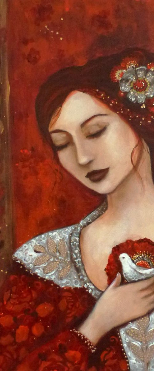 The messenger, acrylic on canvas ,quiet redhair woman with a bird by Loetitia Pillault