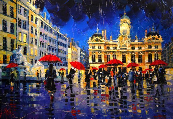 The red umbrellas of Lyon - contemporary impressionist palette knife oil painting