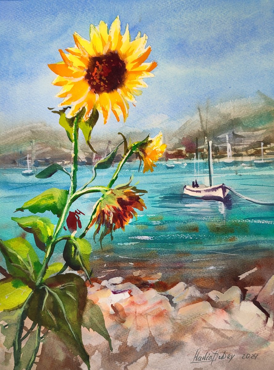 Impressionistic Landscape Watercolour By Nadiia Dubei, 12 X 16", Sea.original Artwork, Original Artwork