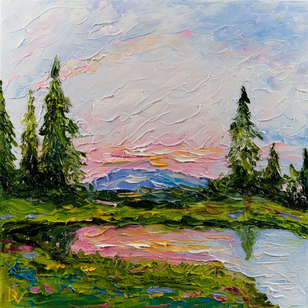 Impressionistic Landscape Oil Painting By Vladyslav Durniev, 12 X 12", Seren Reflections, Original Artwork