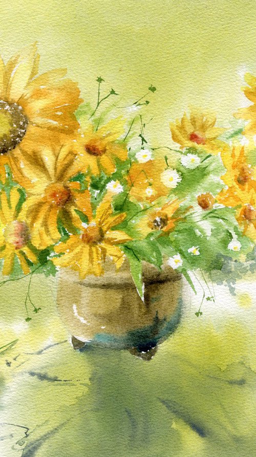 Summer bouquet of flowers in a vase. Sunflowers, chamomile and other meadow flowers. by Evgeniya Mokeeva